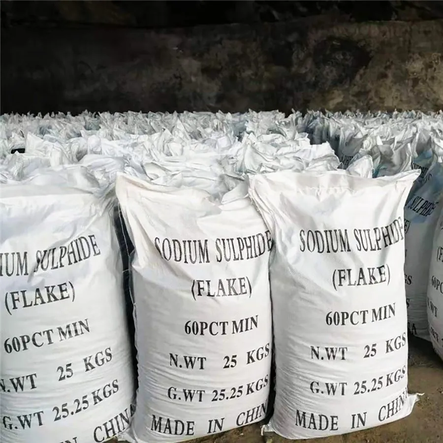 Sodium sulphide jumbo bags and 25kg bags stacked in factory warehouse